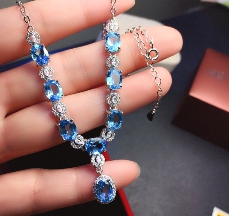 Natural Blue Topaz Pendant Handmade Engagement Gift For Women Her Sterling Silver With 18K White Gold Plating February Birthstone