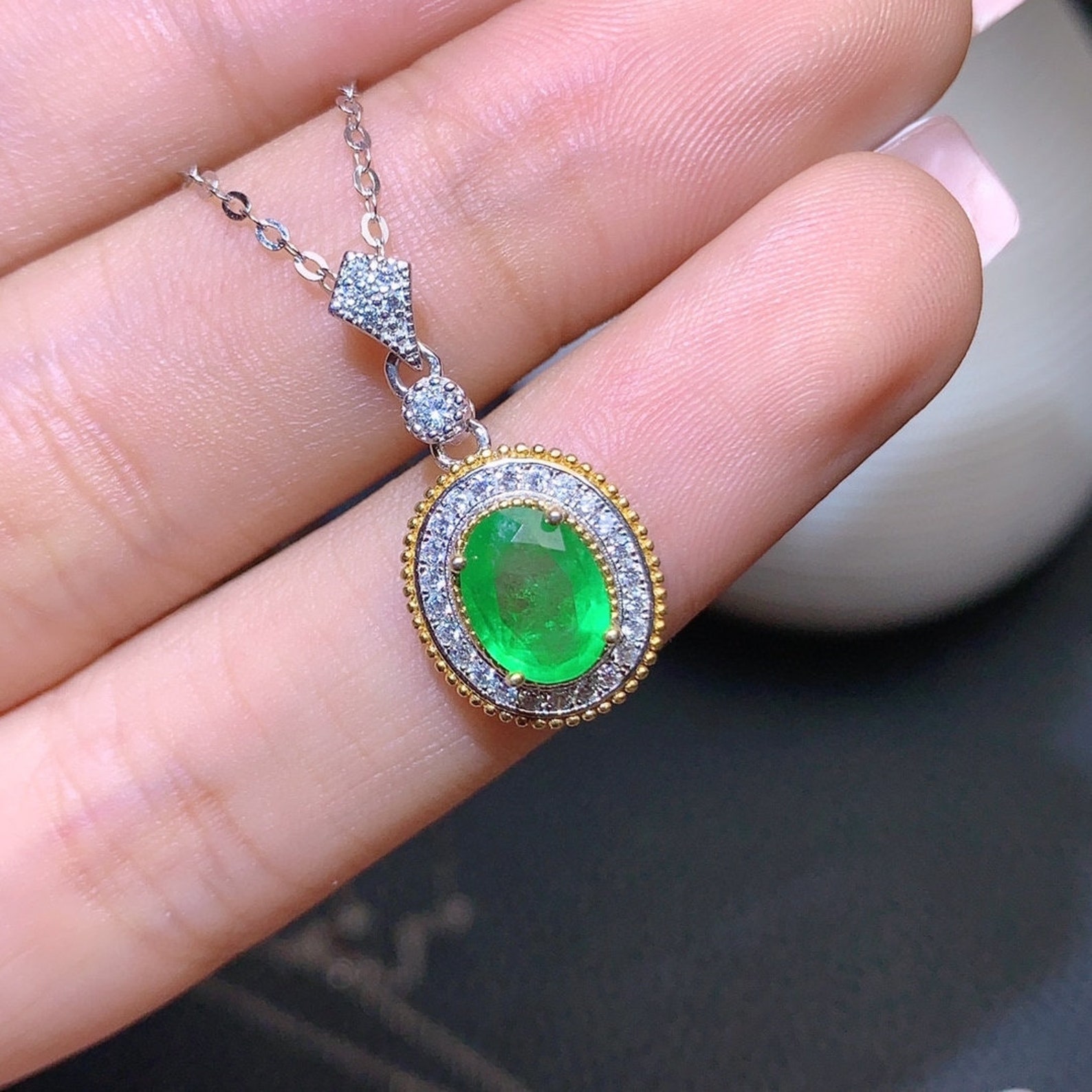 Natural Green Emerald Necklace Sterling Silver With 18K Etsy