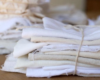 Neutral White and Cream Fabric Scrap Bundle | Reclaimed Linen & Cotton for Sewing, Crafting
