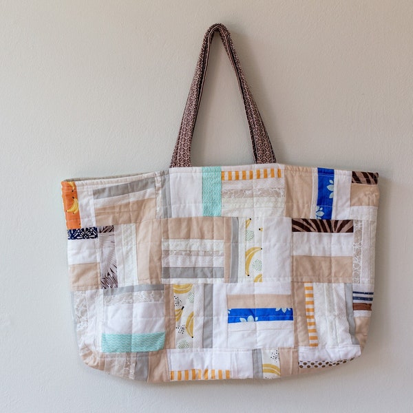 Quilted Patchwork Tote Neutral Blue Summer Beach Bag