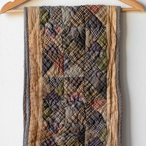 Patchwork Wall Hanging | Hand Quilted Textile Wall Art, Linen & Plaid Cotton, 11.5x50