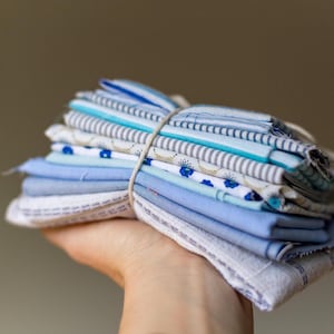 May include: A stack of assorted blue fabric squares, tied with twine. The fabrics feature various patterns, including stripes, floral prints, and solid colors. The bundle is held in a hand, showcasing the different textures and shades of blue.