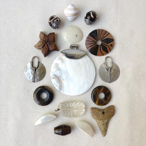 May include: A collection of assorted jewelry components including a large white mother-of-pearl pendant, two circular metal charms, two brown tiger eye rings, a carved wooden star, a fossilized shark tooth, and various beads in brown and white.