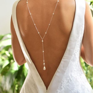 Hochzeit Hintergrund Halskette, Braut Halskette mit Hintergrund, Braut Zurück Halskette, Y förmige Halskette, Perle zurück Schmuck, Swarovski weiße Perle