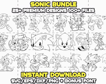 May include: A black and white digital illustration bundle featuring 25+ designs of Sonic the Hedgehog in various poses. The bundle includes 100+ files in SVG, EPS, DXF, and PNG formats, plus a bonus font. The text "SONIC BUNDLE" and "25+ PREMIUM DESIGNS 100+ FILES" is at the top of the image. The text "INSTANT DOWNLOAD" and "SVG/EPS/DXF/PNG + BONUS FONT" is at the bottom of the image.