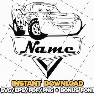 May include: Black and white digital illustration of a cartoon race car with the number 95 on the side. The car is smiling and has the word "LIGHTYEAR" on the tire. Below the car is a banner with the word "Name". The image also includes the text "INSTANT DOWNLOAD" and "SVG/EPS/PDF/PNG + BONUS FONT".