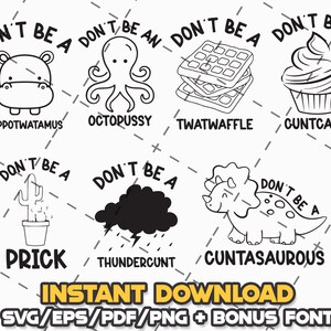 Könnte beinhalten: Schwarz-weißes digitales Grafikdesign mit Cartoon-Illustrationen und dem Satz "Don't Be A" über jedem Bild. Enthält ein Nilpferd, einen Oktopus, Waffeln, einen Cupcake, einen Kaktus, eine Gewitterwolke und einen Dinosaurier.