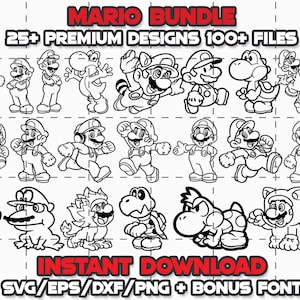 SUPER MARIO BUNDLE + Font Svg Png Eps Dxf Cricut Cameo Print Lazer Engrave File for Diy Crafts Birthdays Shirt Digital Download Cut Files