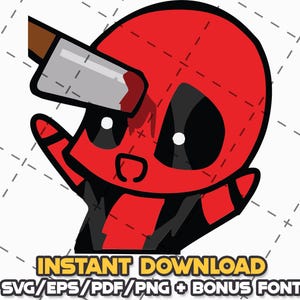 Könnte beinhalten: Eine digitale Illustration einer Chibi-Figur mit roter Maske und schwarzen Augenpartien, die eine silberne Axt mit braunem Griff hält. Der Text darunter lautet INSTANT DOWNLOAD SVG/EPS/PDF/PNG + BONUS FONT in gelben und schwarzen Buchstaben.