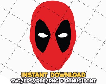 May include: A red and black graphic mask illustration featuring white eye accents. Below the mask, the text reads: INSTANT DOWNLOAD SVG/EPS/PDF/PNG + BONUS FONT. The design is presented against a white background with a faint grid pattern overlay.