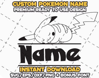 May include: Black and white line art illustration of a sleeping Pikachu Pokemon with a tail curled around its body. The text "Name" is below the Pokemon. The text "CUSTOM POKEMON NAME" is at the top of the image. The text "PREMIUM READY TO USE DESIGN" is below the first line of text. The text "INSTANT DOWNLOAD" is below the Pokemon. The text "SVG/EPS/DXF/PNG + BONUS FONT" is below the previous line of text.