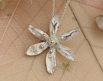 Flower Blossom Necklace - Hallmarked Recycled SolId Sterling Silver Pendant - Pineapple Lily Charm - Handmade UK