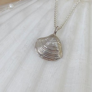May include: A silver necklace with a detailed seashell pendant. The necklace is displayed on a white seashell with a pearl garland in the background.