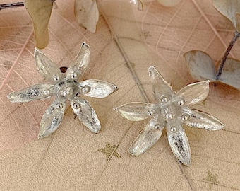 Flower Blossom Earrings - Hallmarked Recycled Solid Sterling Silver Studs - Pineapple Lily Charms - Handmade UK