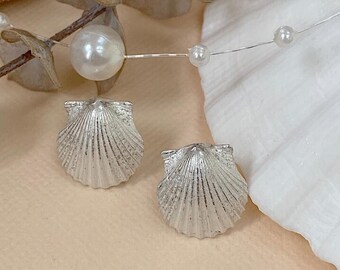 Scallop Shell Earrings - Hallmarked Recycled Solid Sterling Silver Studs - Sea Scallop Shell Charms - Handmade UK