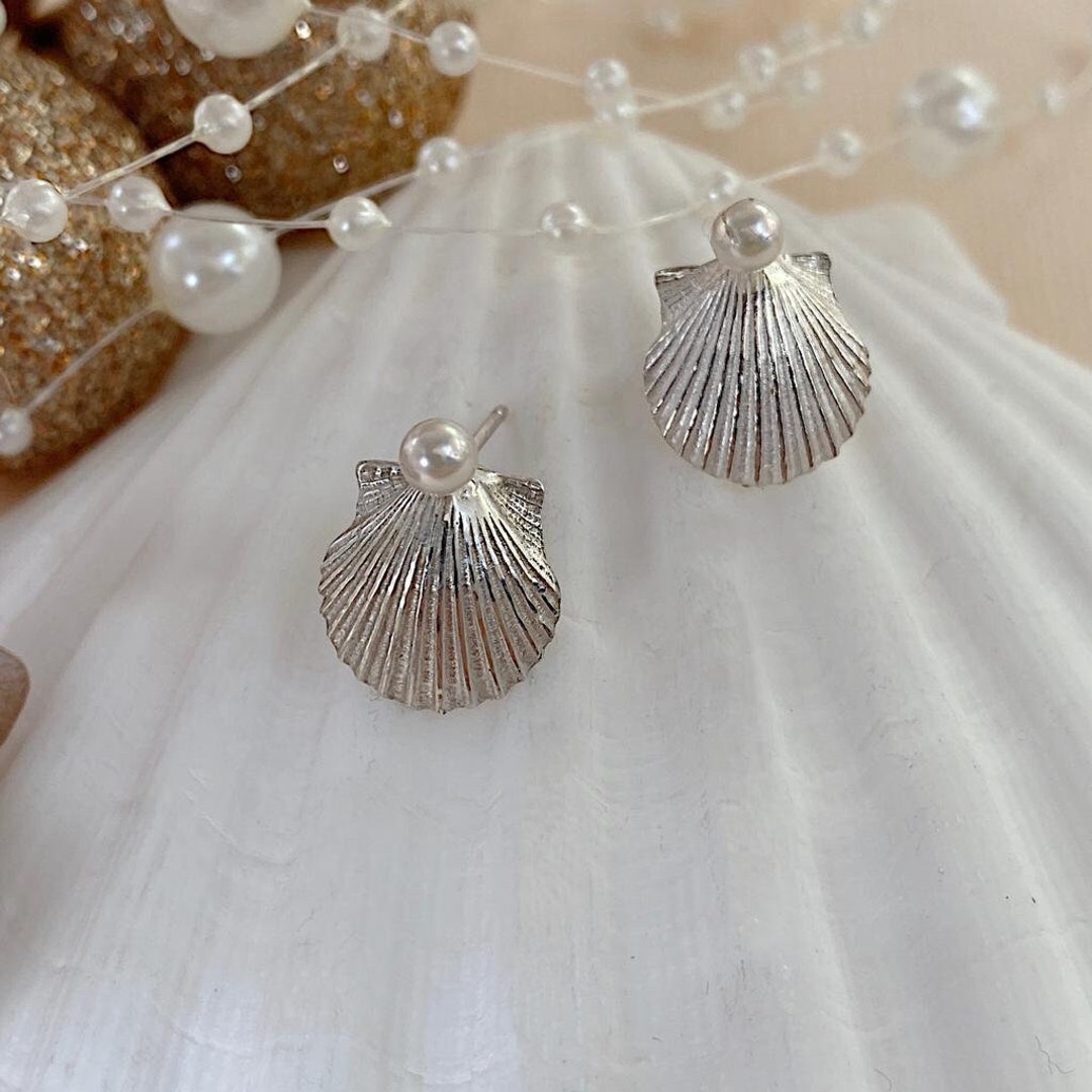 Scallop Shell Pearl Earrings Hallmarked Recycled Solid Sterling Silver  Scallop and Pearl Studs Scallop Shell Charms Handmade UK - Etsy