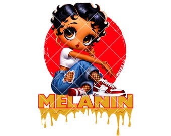 May include: A cartoon illustration of a Black girl with large eyes wearing a white shirt, blue jeans, and red and white trainers. The girl is sitting with her legs crossed and her hand on her hip. The background is a red circle with a white grid pattern. The text "MELANIN" is written in gold letters with a dripping gold effect.