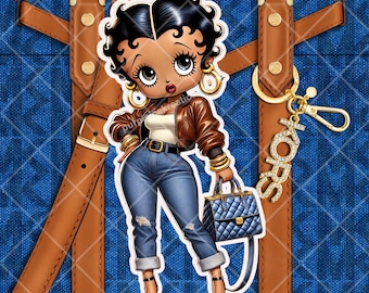 May include: A cartoon illustration of a woman with black hair and brown skin wearing a brown leather jacket, blue jeans, and a blue handbag. She is standing on a blue and brown patterned background with a gold key chain with the word "KORS" on it.
