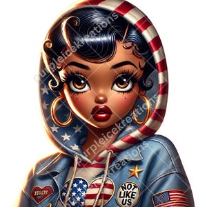 May include: A cartoon illustration of a woman with dark hair and brown skin wearing a blue denim jacket with a red, white, and blue American flag hoodie. The hoodie has stars and stripes. The woman is wearing a heart-shaped American flag patch on her jacket and a round patch that says "NOT LIKE US".
