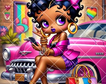 May include: A cartoon illustration of a woman with dark skin, wearing a pink outfit, sitting on a pink classic car. She is holding a phone and has gold jewelry. A colorful handbag sits nearby. The background includes a building and a rainbow heart.