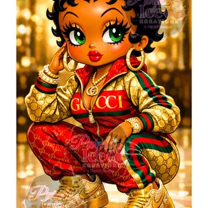 May include: Illustration of a cartoon character wearing a red and gold tracksuit with the Gucci logo. The character is also wearing gold jewelry and gold sneakers. The image has the text "Purple Ice Kreations & Digital Designs".