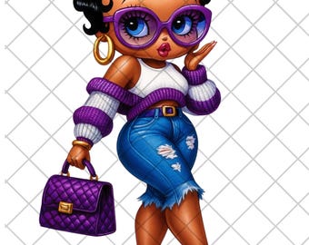 May include: Illustration of a stylish cartoon character with dark skin, wearing purple-framed sunglasses, a white top, and a purple and white sweater. She is wearing ripped blue jeans, purple heels, and carrying a purple quilted handbag.