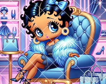 May include: A cartoon character with blue hair and a blue fur coat sits in a blue armchair. She is wearing a blue dress and has a blue shopping bag in her lap. The chair has gold accents and is in a room with a pink floor.