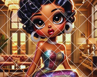 May include: A cartoon illustration of a woman with dark skin, large eyes, and a glamorous hairstyle. She is wearing a sparkling, multi-colored dress and large earrings. The background is a blurred image of a luxurious interior.