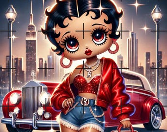 May include: A cartoon illustration of a woman with large eyes and red lips wearing a red jacket, a sparkly red top, denim shorts, and red boots. She is holding a red handbag with a large "B" on it. She is standing in front of a red vintage car with a city skyline in the background.