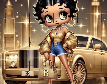 May include: Cartoon illustration of a character in a gold outfit, denim shorts, and gold heels, holding a gold handbag. The character stands in front of a gold car with a city skyline background. The handbag has a "B" on it.