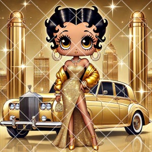 Złoty wieczorowy urok Betty Boop PNG plik cyfrowy - Betty Boop kartki okolicznościowe, papier do pakowania, opakowanie na kubek, dziennik, torba płócienna