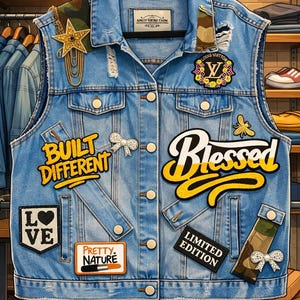 May include: Light blue denim vest with various patches, including "Built Different" and "Blessed" in yellow and white lettering. Embellished with a gold star, bow pins, and a "Louis Vuitton" patch. The vest is displayed on a hanger in a clothing store.