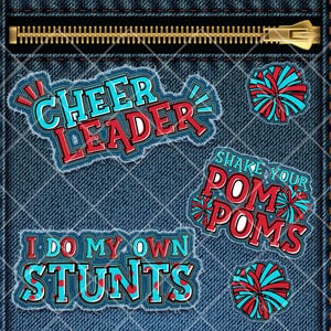 May include: Cheerleader patches with blue and red pom-poms and text that says "Cheerleader", "Shake Your Pom Poms", and "I Do My Own Stunts".