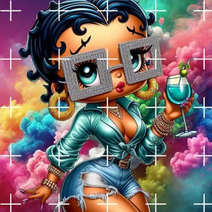 May include: A cartoon illustration of a woman with blue hair, wearing a blue shirt, denim shorts, and large sparkly glasses. She is holding a glass of blue liquid with a green garnish. The background is a colourful abstract design.