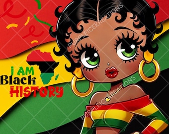 May include: A cartoon illustration of a Black woman with large green eyes and red lips. She is wearing a red, yellow, and green striped shirt with a gold heart pendant. The background is a red, yellow, green, and black patterned design with the text "I AM BLACK HISTORY" and a silhouette of the continent of Africa.