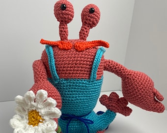 Crocheted Lobster Plush: Handmade Amigurumi with Overalls & Flower
