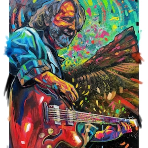 May include: A vibrant, multi-colored painting depicting a musician with long hair and a beard playing a red electric guitar. The background features abstract swirls of bright green, blue, and pink, with a large, dark, jagged rock formation.