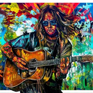 May include: Vibrant painting of a musician playing an acoustic guitar. The artwork features a man with long hair and sunglasses, with colorful brushstrokes in the background. The guitar is a warm brown color, and the musician has tattoos on their arm.