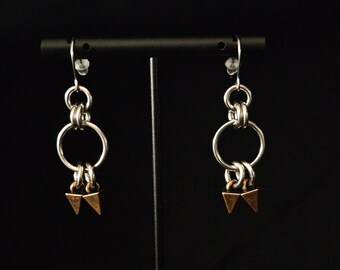 Stainless steel chainmaille earrings with small bronze spikes and stainless steel ear wires