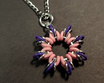 Purple and pink EPDM and bright aluminum chainmaille pendant necklace