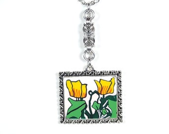 Bright aluminum Byzantine chainmaille with flowers pendant with stainless steel necklace