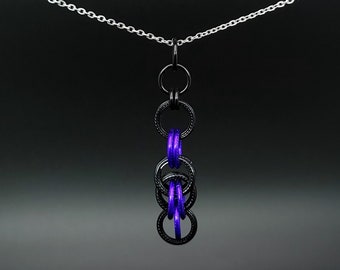 Black and purple roped anodized aluminum chainmaille pendant with stainless steel chain