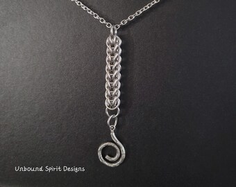 Stainless steel Full Persian weave chainmaille pendant necklace with metal spiral charm - chainmail accessory