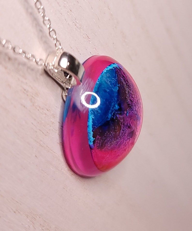 Handmade pink and purple resin pendant with stainless steel chain blue