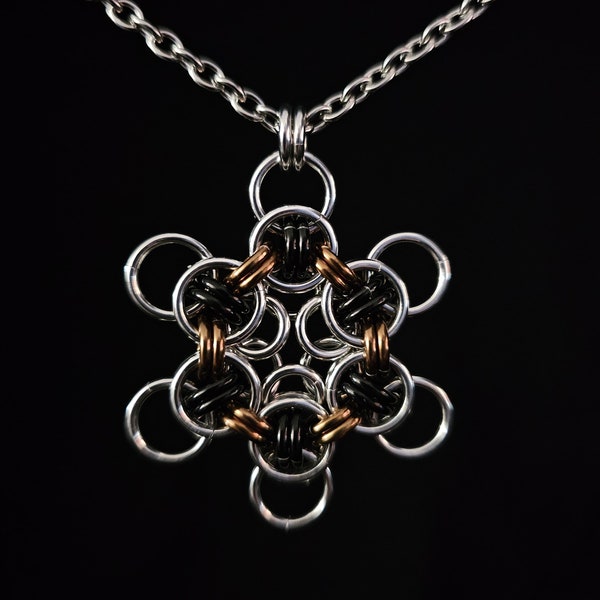 Bright aluminum with black and brown anodized aluminum Celtic Wings flower chainmaille pendant necklace with stainless steel chain