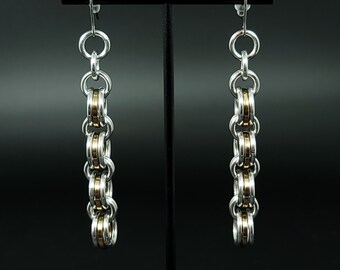 Brown anodized aluminum square rings and Bright aluminum chainmaille earrings with stainless steel ear wires