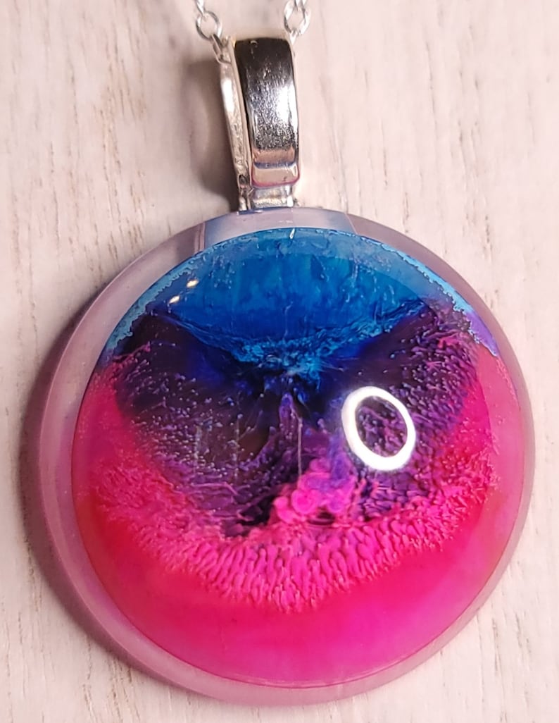 Handmade pink and purple resin pendant with stainless steel chain blue