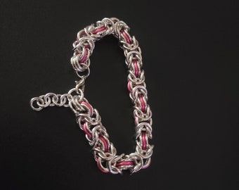 Bright aluminum  and pink anodized aluminum Byzantine weave chainmaille bracelet with lobster clasp, chainmail jewelry, accessory