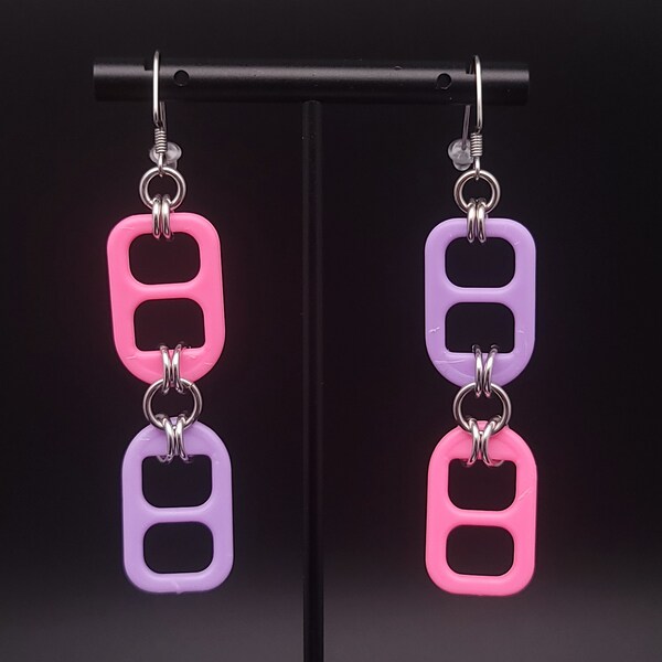 Purple and pink plastic pop tabs dangle earrings with stainless steel ear wires