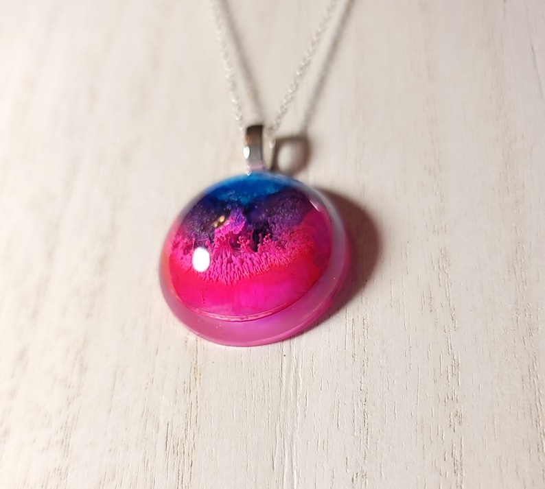 Handmade pink and purple resin pendant with stainless steel chain blue
